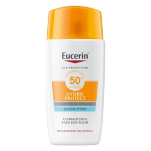 Flasche mit Eucerin Hydro Protect Sonnenfluid für das Gesicht, hoher UV-Schutz, orangefarbener Deckel.