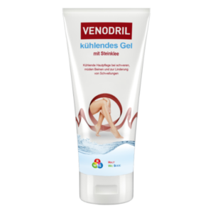 Venodril kühlendes Gel in einem weißen Tube mit blauer und roter Beschriftung, für müde Beine und Schwellungen geeignet.