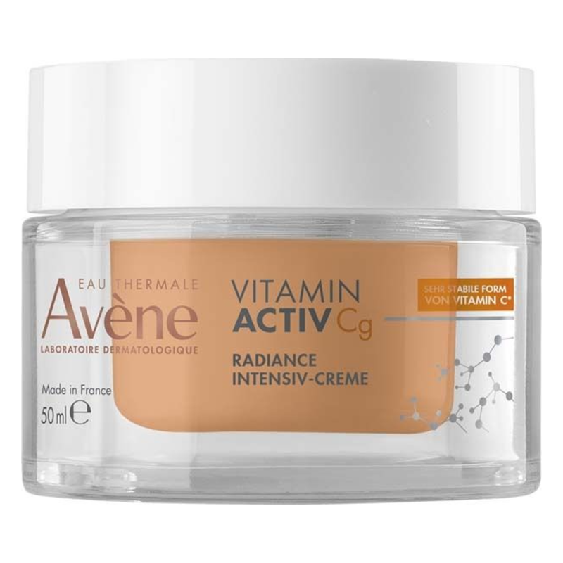 Eine durchsichtige Cremeverpackung mit einem weißen Deckel, die eine intensiv pflegende Creme mit Vitamin C präsentiert.