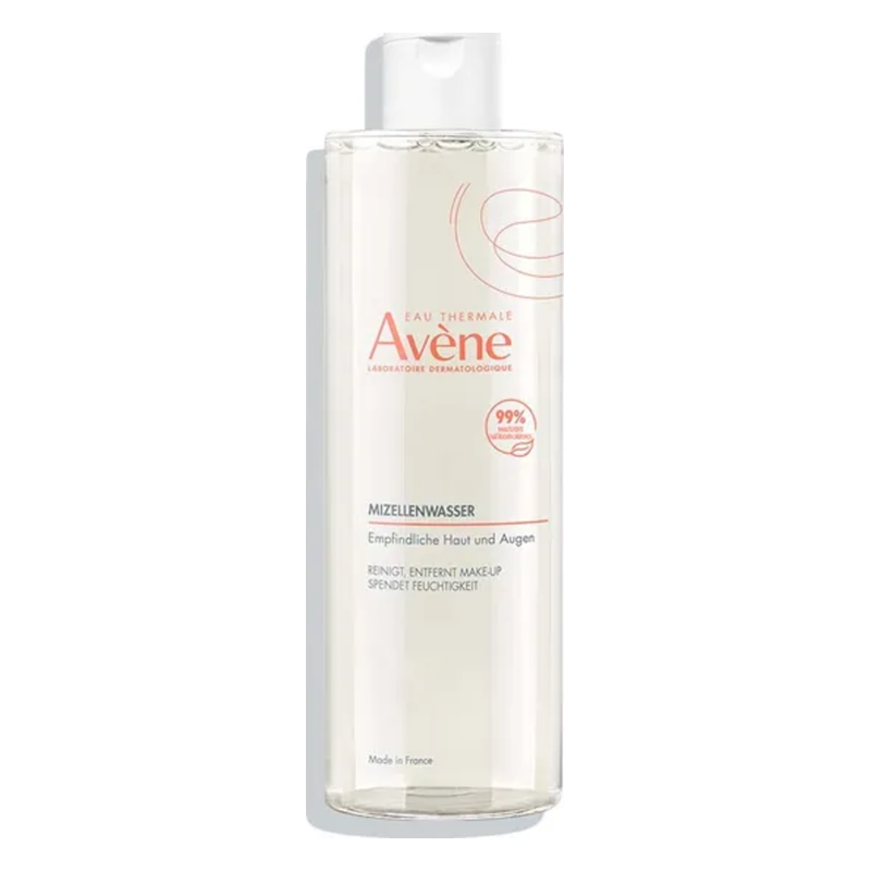 Durchsichtige Flasche mit Mizellenwasser für empfindliche Haut und Augen, Marke Avène, 99% Inhaltsstoffe natürlichen Ursprungs.