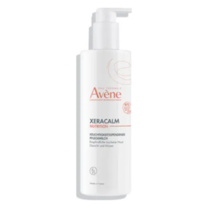 Flasche mit Avène Xeracalm Nutrition, feuchtigkeitsspendende Pflege für trockene Haut, mit Pumpspender.