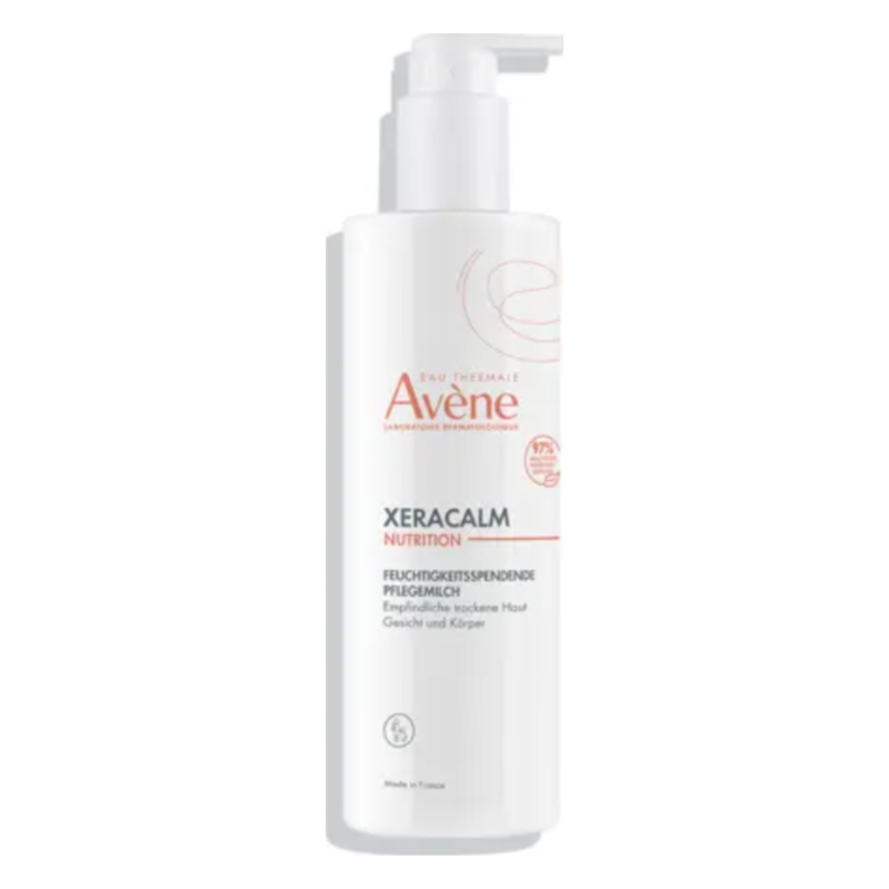 Flasche mit Avène Xeracalm Nutrition, feuchtigkeitsspendende Pflege für trockene Haut, mit Pumpspender.